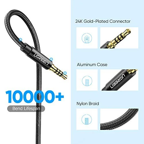 UGREEN (AV118) 3.5mm Stereo Audio Extension 4Poles Cable Auxiliary Adapter for iPhone Headphone (Blue+braid support Mic) 2M(40675)