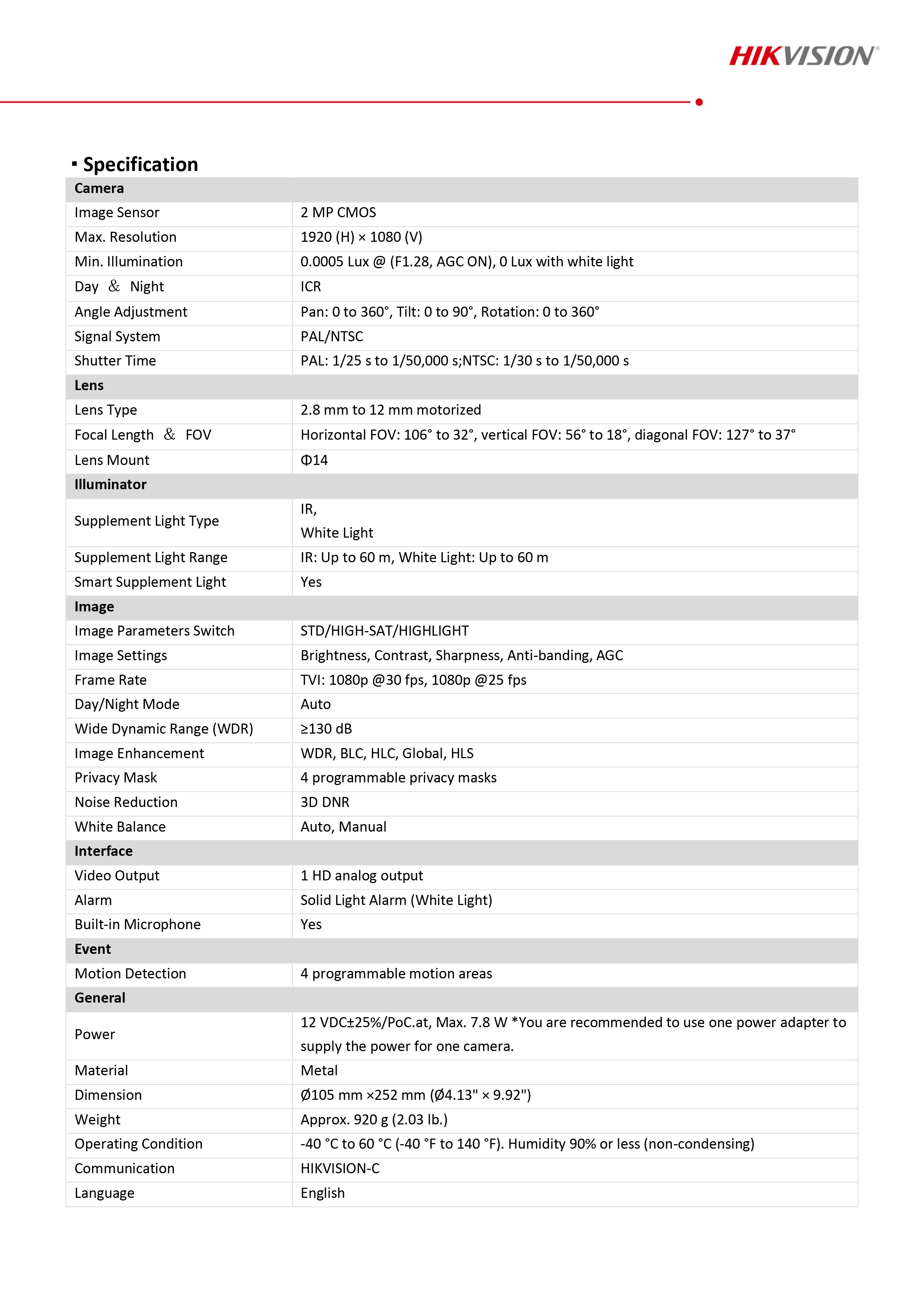 กล้องวงจรปิด Hikvision DS-2CE19DF3T-LSZE (2.8-12 mm.) กล้องวงจรปิดระบบ HD 2 ล้านพิกเซล Colorvu Smart Hybrid Light + มีไมค์ในตัว เลนซ์ซูม