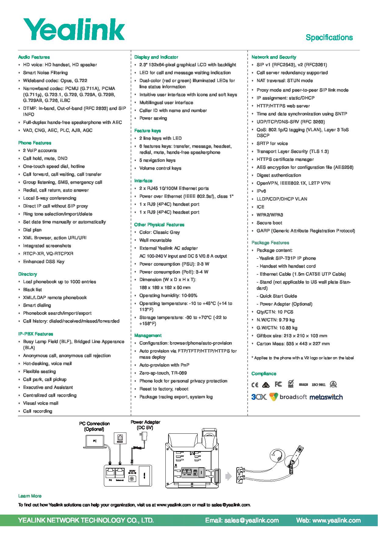 เครื่องโทรศัพท์ IP YEALINK รุ่น SIP-T31P รองรับ POE เครื่องละ 2,200฿