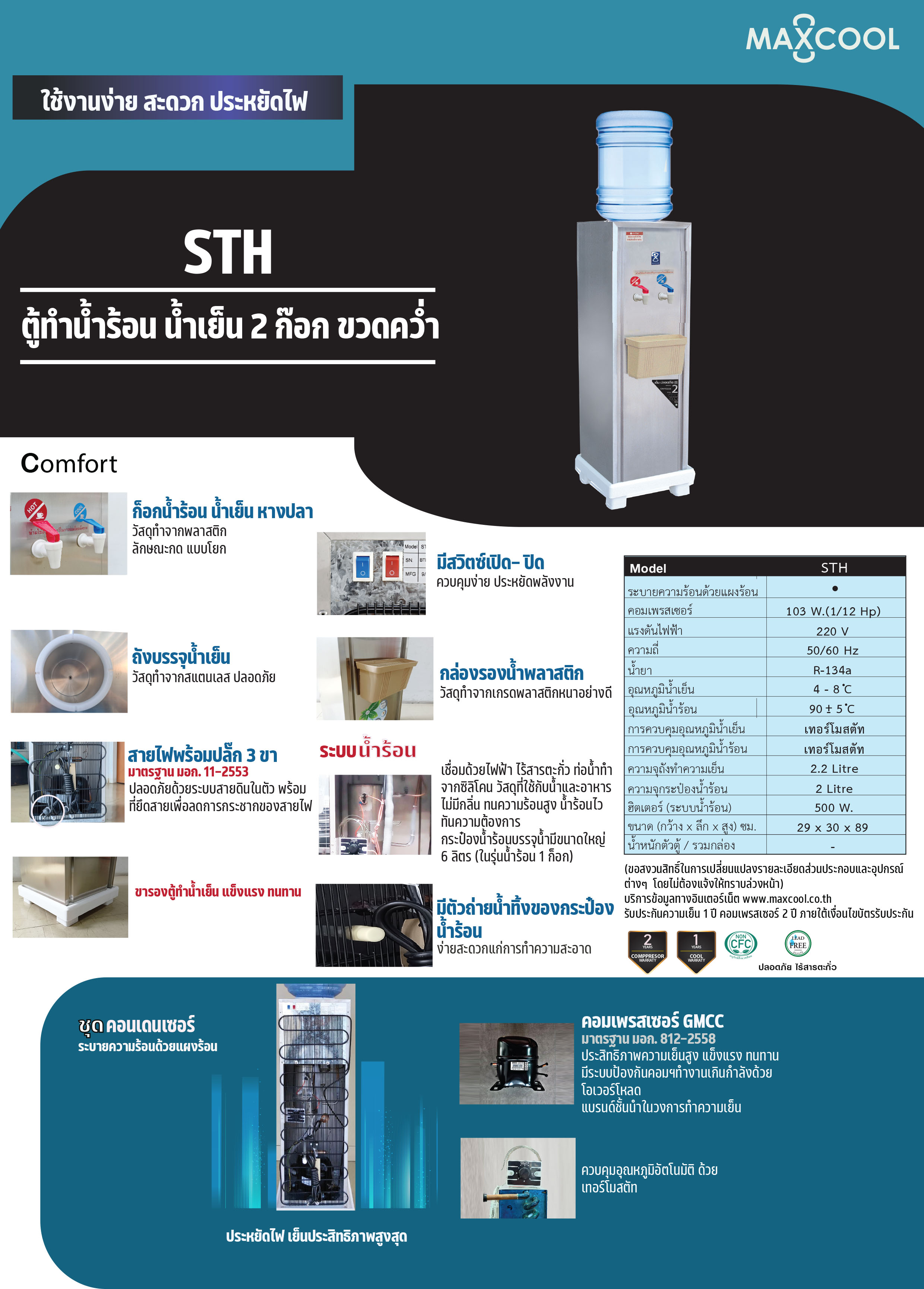 ตู้ทำน้ำร้อน-น้ำเย็นสแตนเลส แบบถังคว่ำ 2 ก๊อก รุ่น STH