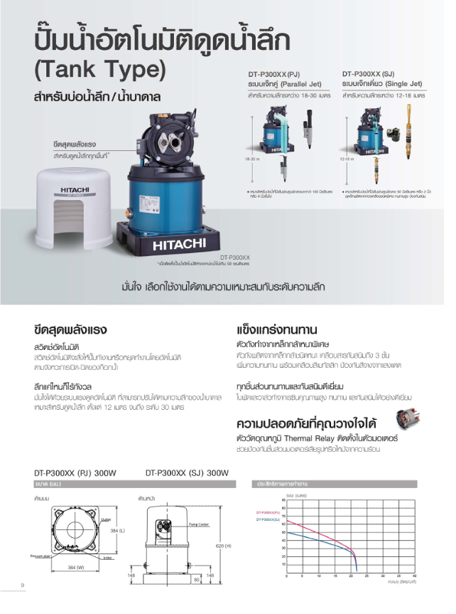 ปั๊มน้ำอัตโนมัติดูดน้ำลึก ฮิตาชิ 300 วัตต์ (เจ็ทคู่) รุ่น DT-P300XX
