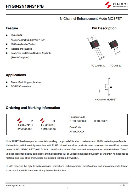 G042N10 TO263 GO42N10 G042N10B HYG042N10NS1B TO-263 SMD 100V/160A N-Channel MOSFET ทรานซิสเตอร์ใหม่ Original IC