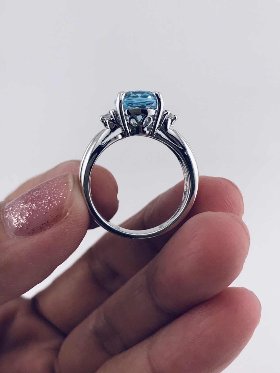 💍 แหวนสตรีเงินแท้ ประดับพลอยบลูโทแพส งานหรูหรา เรียบแต่ดูดี (ไซส์แหวน 50)