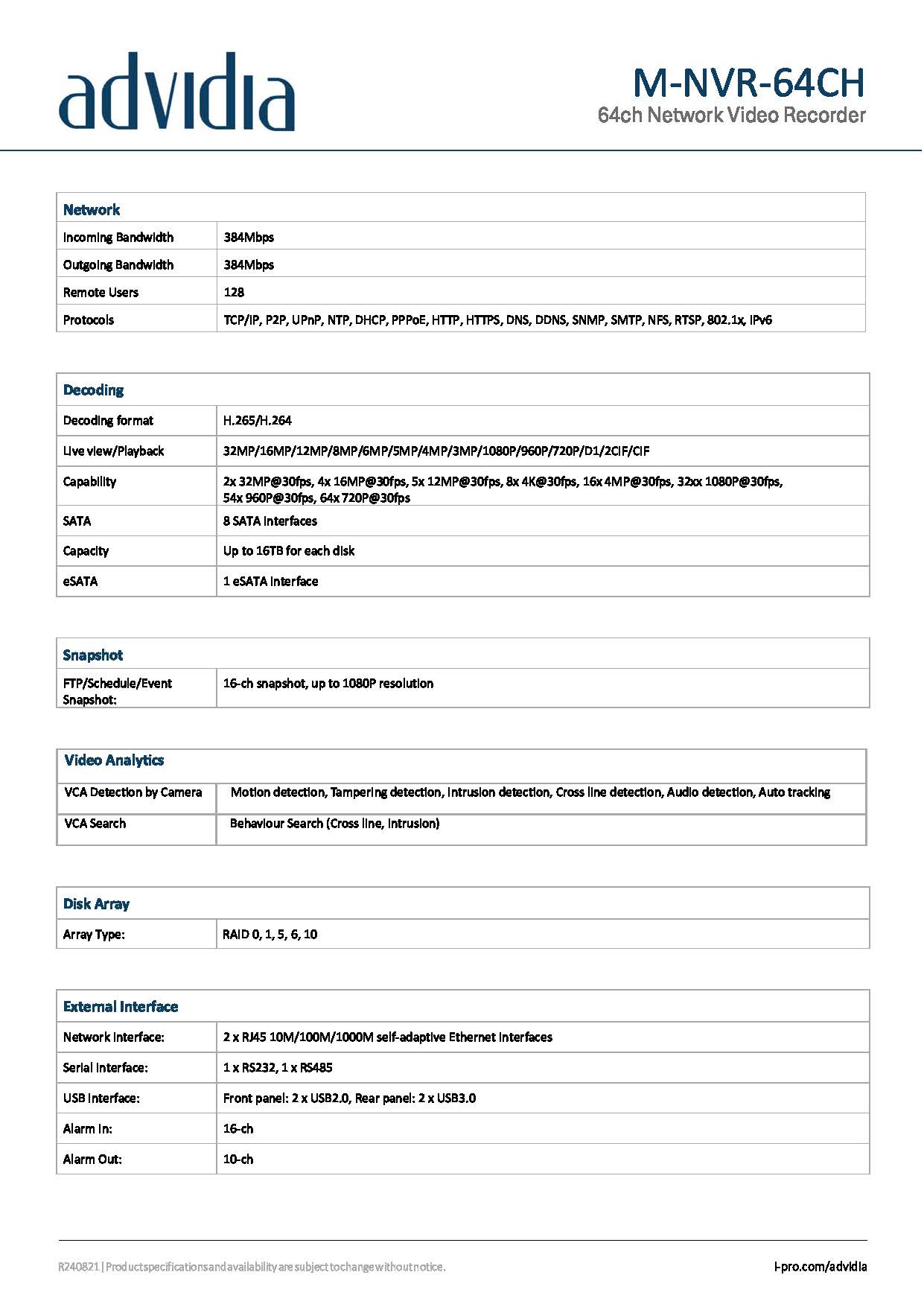 เครื่องบันทึก Adividia รุ่น M-NVR-64CH 64-ch, 8 SATA interface, H.265&4K, RAID 5,6