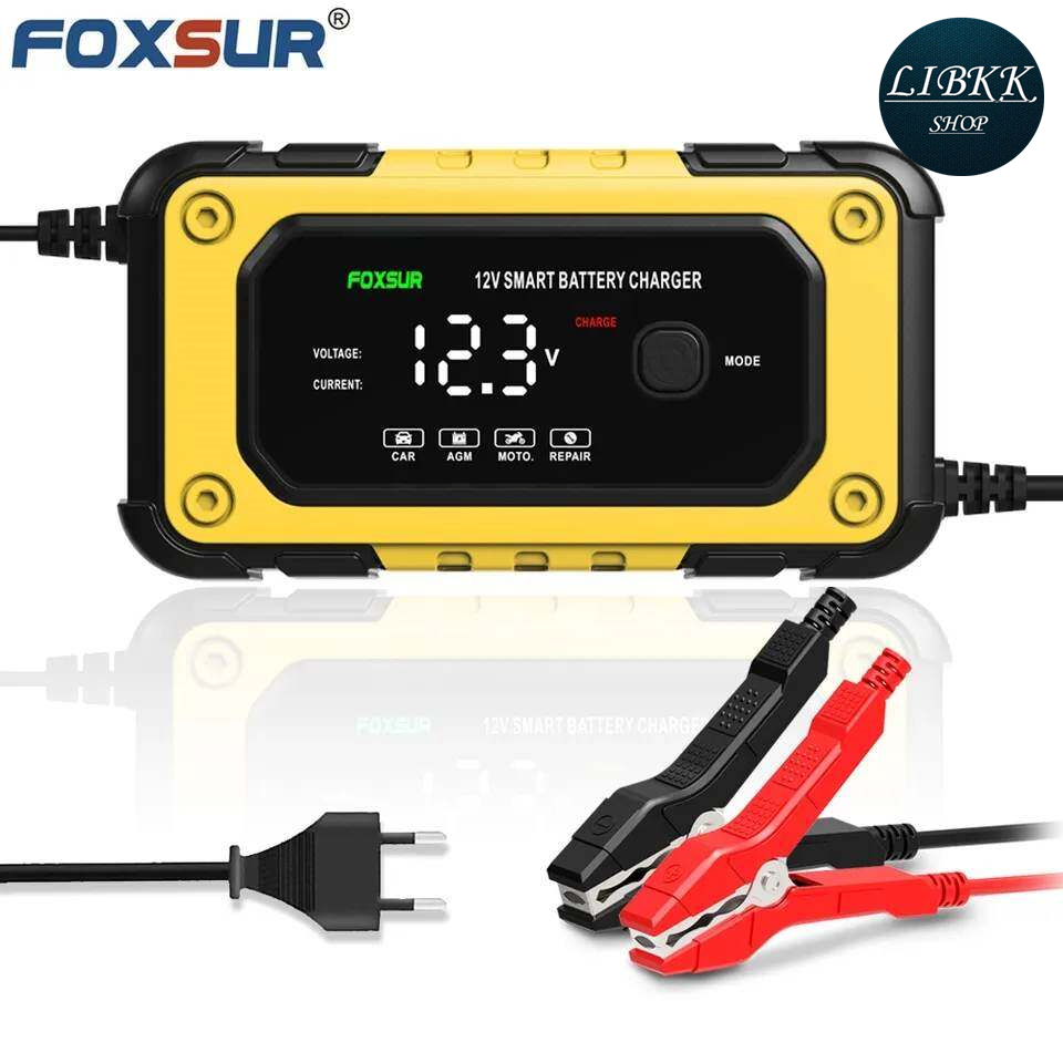 Foxsur(ฟอกซ์เซอร์) เครื่องชาร์จแบตเตอรี่ FOXSUR รุ่น FBC1206E รถยนต์ 12V 6A 4-120Ah Pulse Repair จอแสดงผล LCD อัจฉริยะ Fast Charge