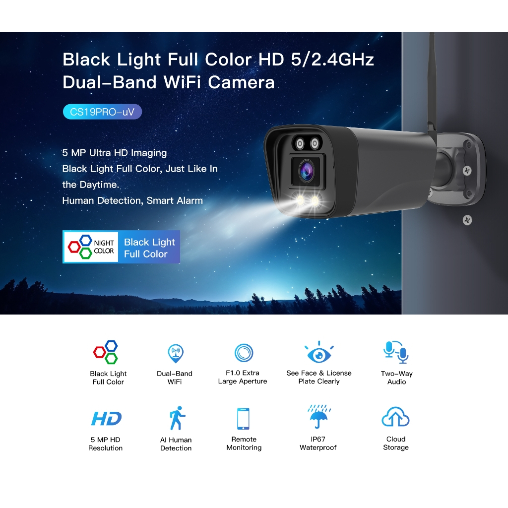 VStarcam แนะนำ 💥 VSTARCAM CS19PRO-UV ( full-color +5MP+WIFI2.4G-5.8G+AI )IP Camera ภาพสี กล้องวงจรปิด กล้องวงจรไร้สายภายนอก
