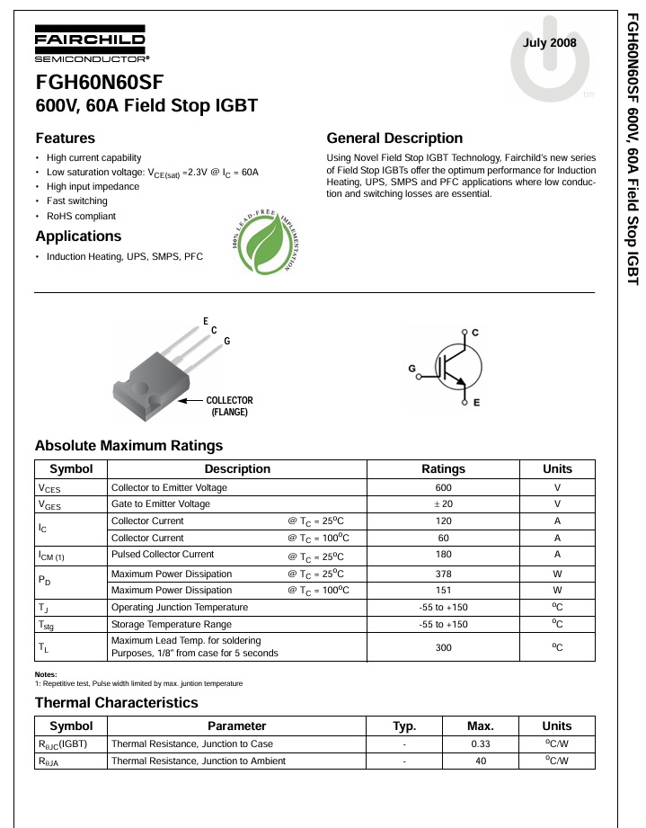 Fga60n60smd FGA60N60เครื่องเชื่อม IGBT Triode พลังงานสูง TO-3P