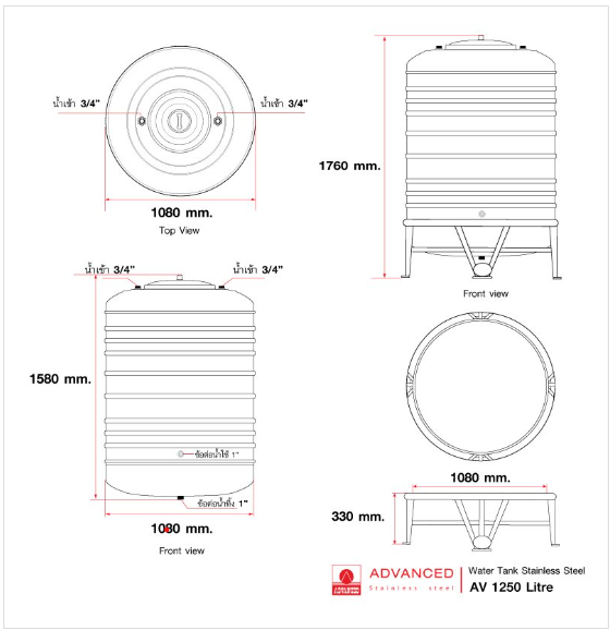 แท็งค์น้ำสเตนเลส ตราแอ็ดวานซ์ พื้นนูน มี มอก. 1250 ลิตร รหัส AV1250