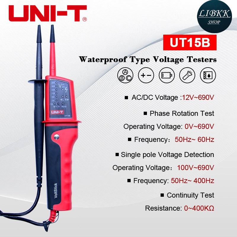 Uni-t UT15B เครื่องทดสอบแรงดันไฟฟ้าดิจิทัล LCD AC DC กันน้ํา 24V ~ 690V ไฟ LED AC DC