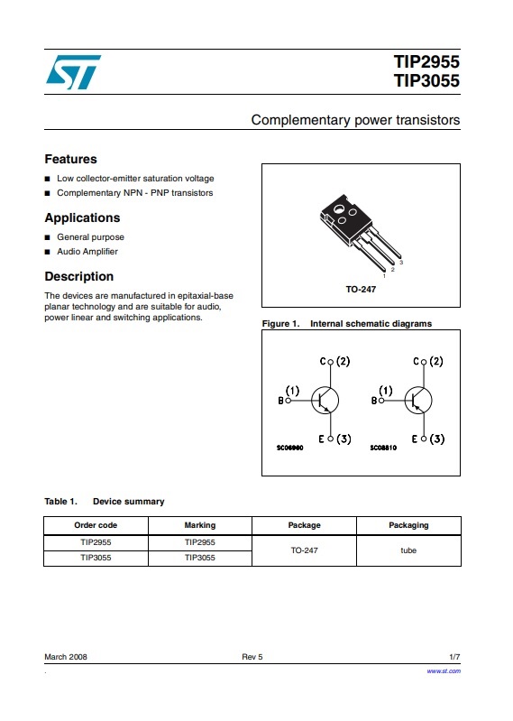 TIP2955 STMicroelectronics Power Transistor PNP 60V/15A for General purpose and Audio Amplifier App