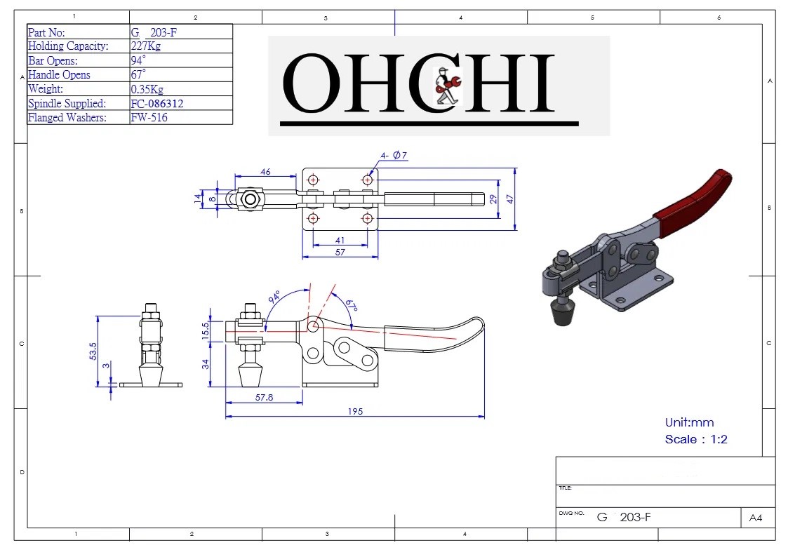 OHCHI : Horizontal Toggle Clamp Flat Base All Arm Types : G-203F