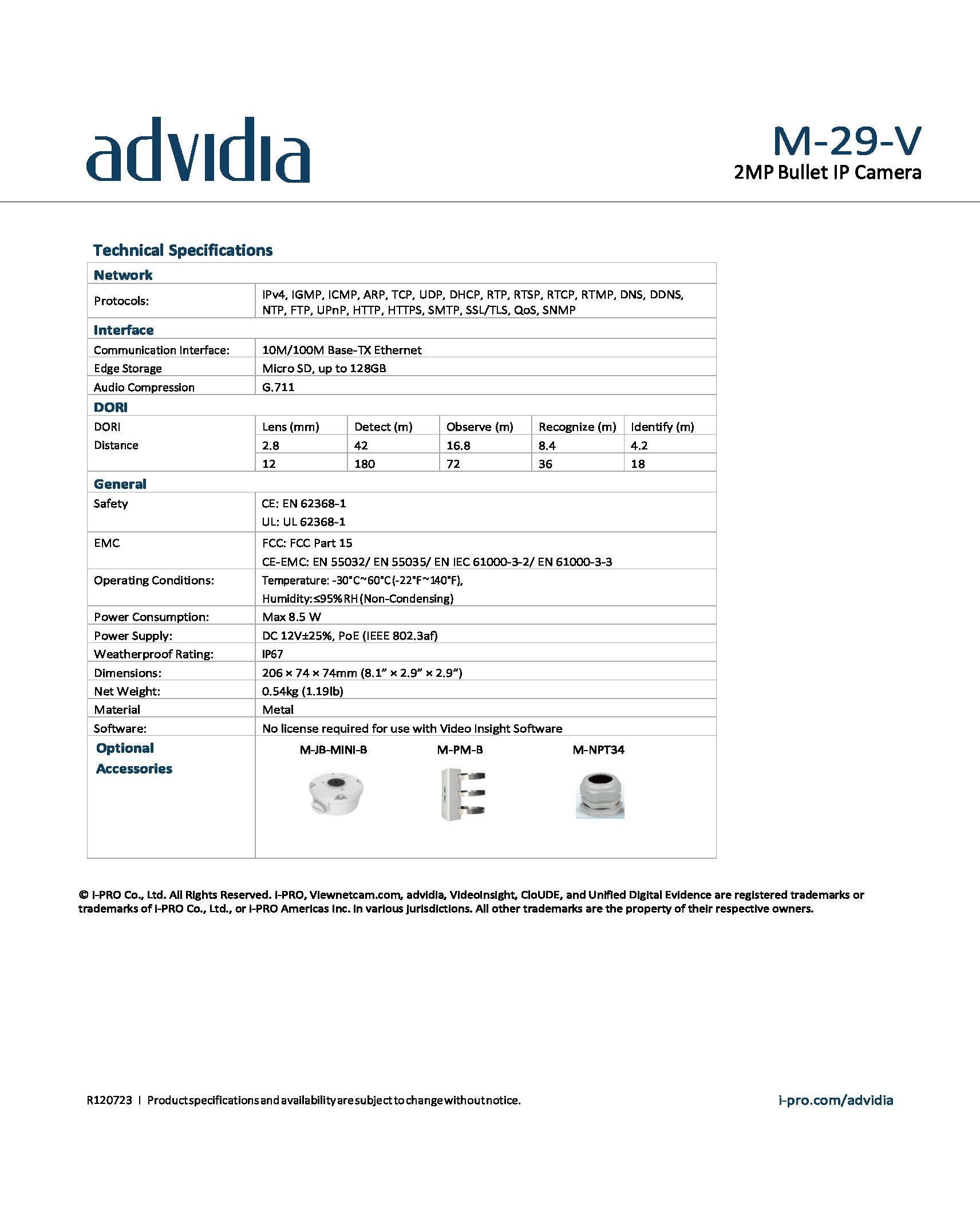Pre-Order กล้องวงจรปิด Advidia (Panasonic) รุ่น M-29-V ราคา 5,100฿ 2MP Bullet, IP67, IK10, 2.8-12mm, motorized zoom lens ,IR 50m.