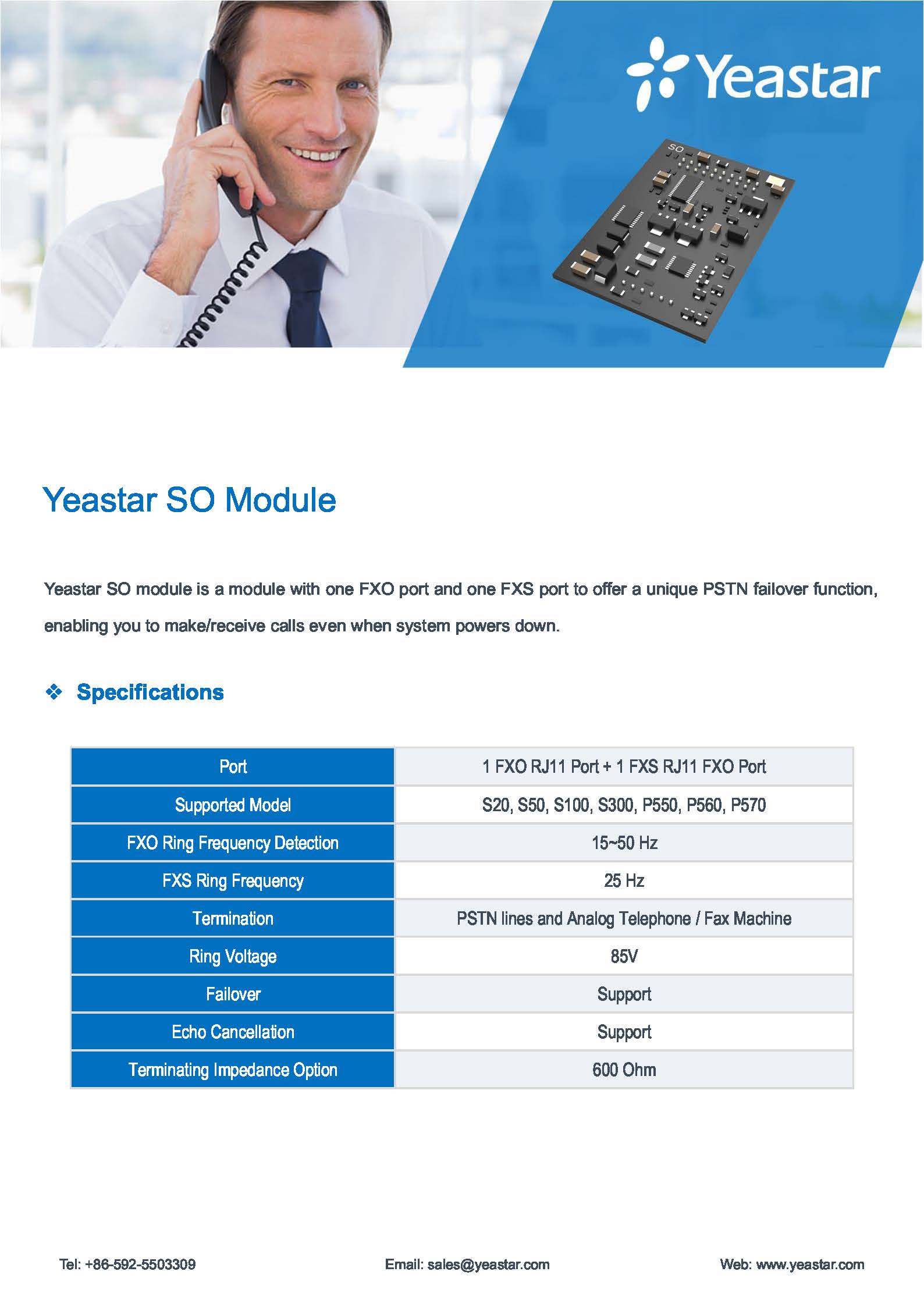 Yeastar SO Module (1 FXS + 1 FXO Port)ราคา 5,885฿ สำหรับเชื่อมต่อกับโทรศัพท์ PSTN 1 คู่สาย โทรศัพท์ Analog 1 คู่สาย