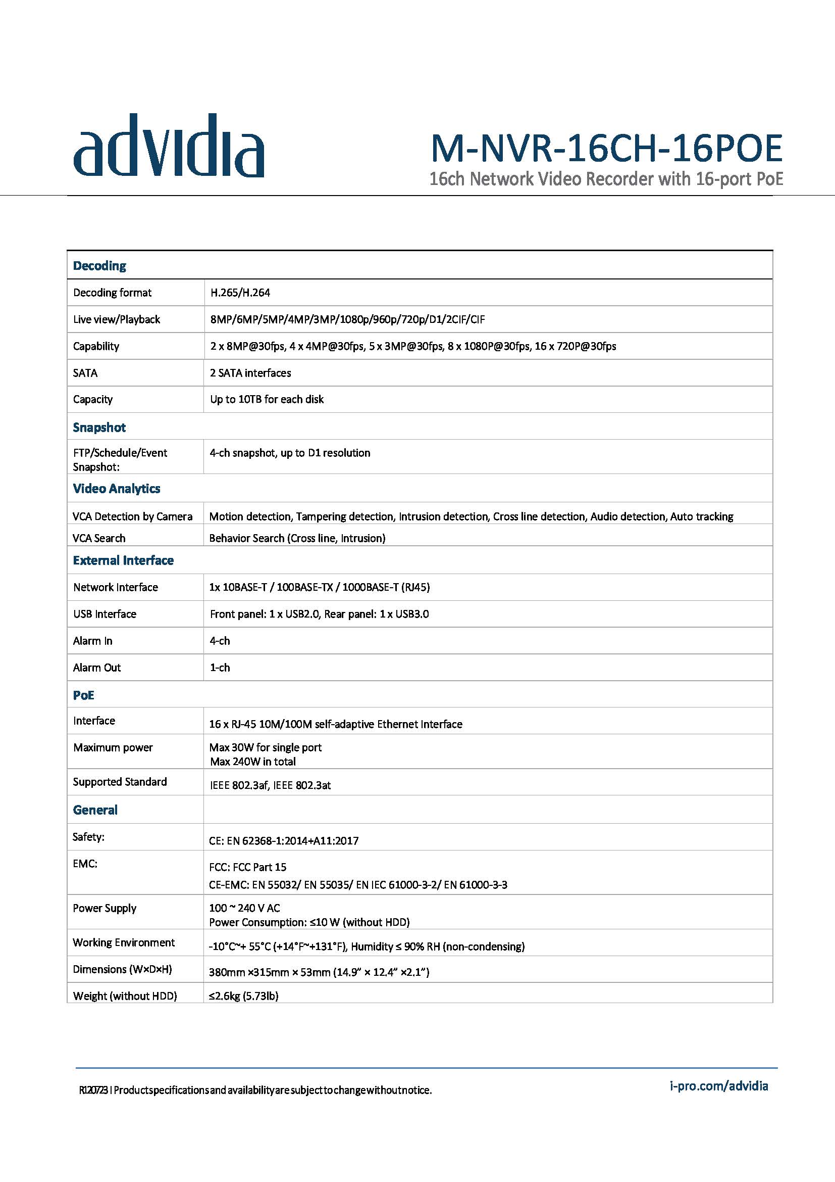 เครื่องบันทึก Advidia (Panasonic) รุ่น M-NVR-16ch-16PoE ราคา17,500฿(รวมvat7%)