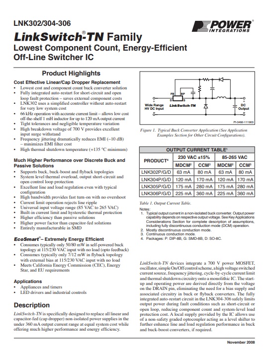 LNK306PN Power Integrations LNK306PN Low Power Off-Line Switcher