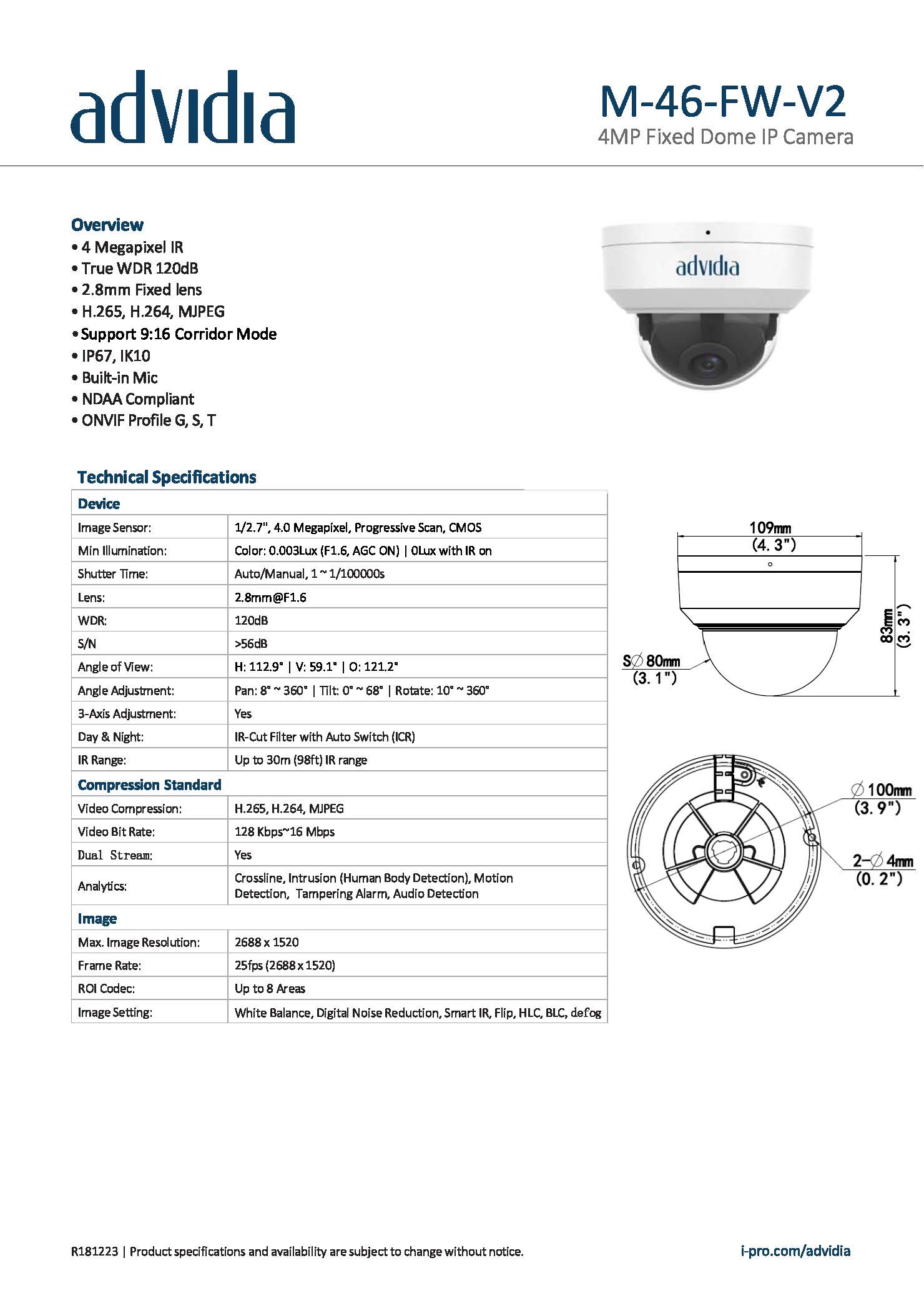 Pre-Order กล้องวงจรปิด Advidia (Panasonic) รุ่น M-46-FW-V2 ราคา 5,200฿(รวมvat7%)