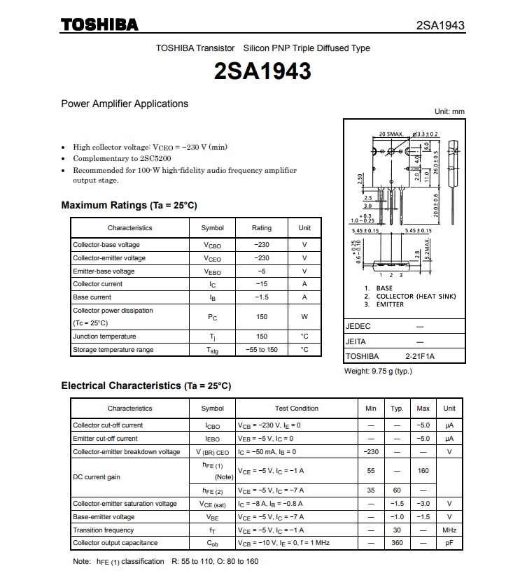 2SA1943 ทรานซิสเตอร์ เครื่องเสียง TOSHIBA Thansitor โตชิบา แท้