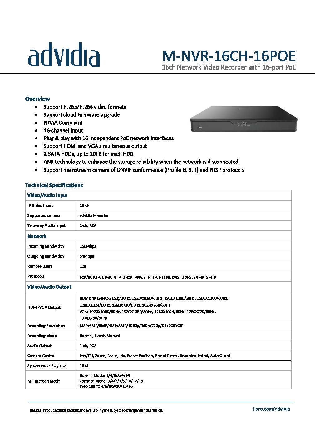 เครื่องบันทึก Advidia (Panasonic) รุ่น M-NVR-16ch-16PoE ราคา17,500฿(รวมvat7%)