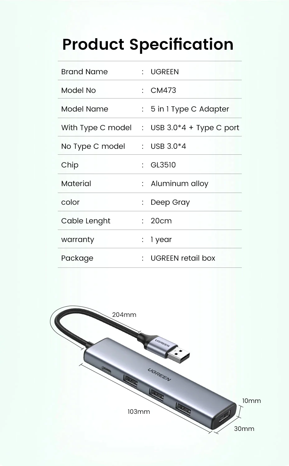 UGREEN 4 Port USB3.0 Expansion Hub with PD/Micro USB