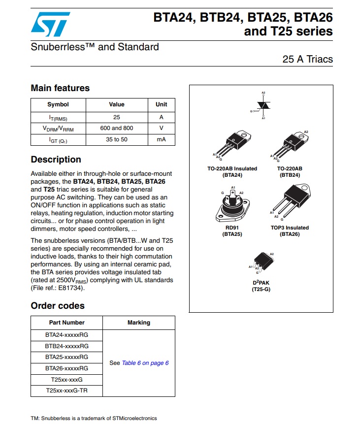 BTA26600B TO-220 Triac Switch High Power Circuitry Component