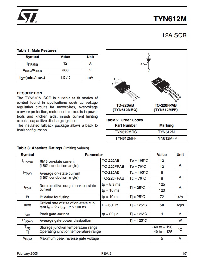 TYN612M 600V/12A SCR TYN612MGR TYN612M TYN612 Thyristors เอสซีอาร์