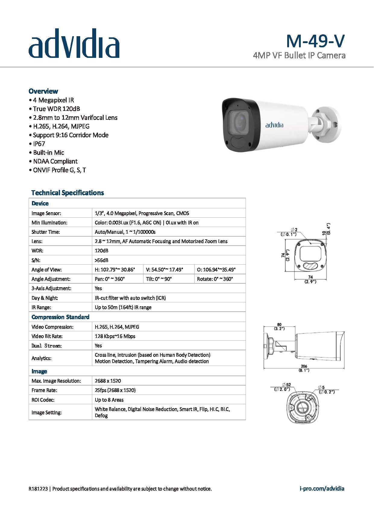 Pre-Order กล้องวงจรปิด Advidia (Panasonic) รุ่น M-49-V 4MP IP BULLET