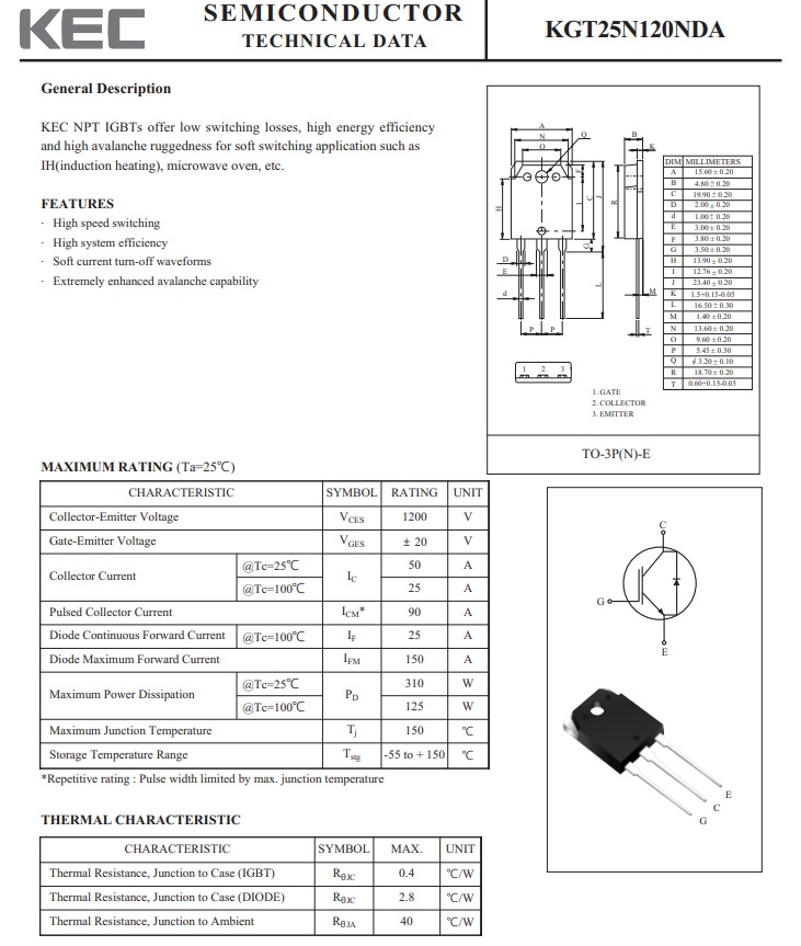KGT25N120NDH TO-3P 1200V 25A 25N120 KEC 25V 1200V ฟิลด์เอฟเฟกต์ทรานซิสเตอร์ IGBT