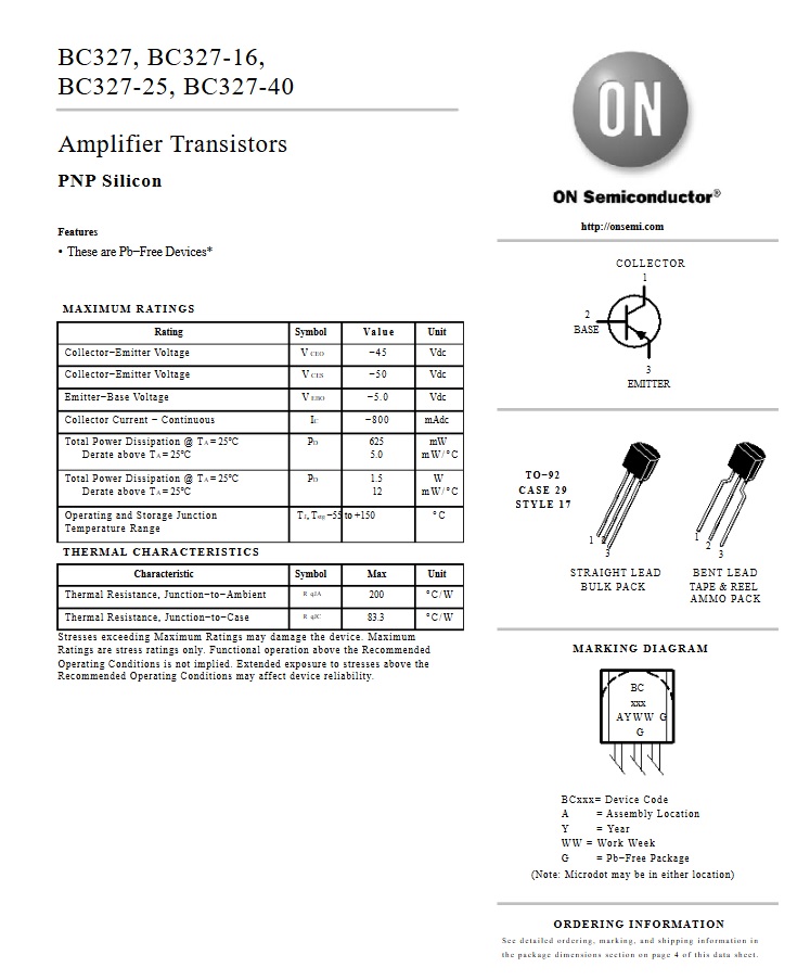 BC327 PNP Silicon Amplifier Transistors /BC327-16/BC327-25/BC327-40 คุณภาพสูง สำหรับวงจรไฟฟ้า