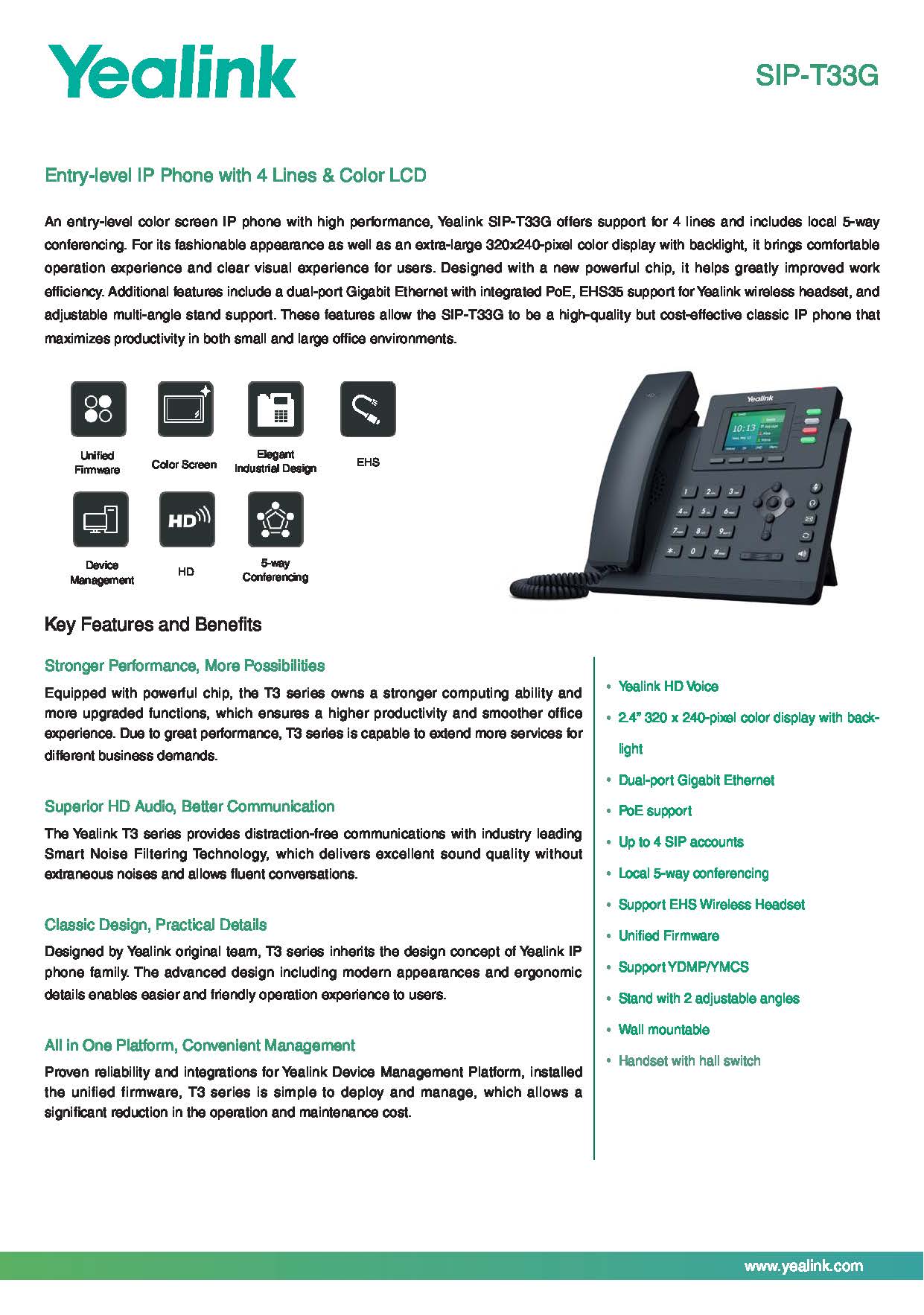 เครื่องโทรศัพท์ IP YEALINK รุ่น SIP-T33G Gigabit POE IP Phone เครื่องละ3,100฿