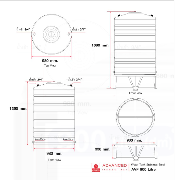 แท็งค์น้ำสเตนเลส ตราแอ็ดวานซ์ พื้นเรียบ มอก. 900 ลิตร รหัส AVF900