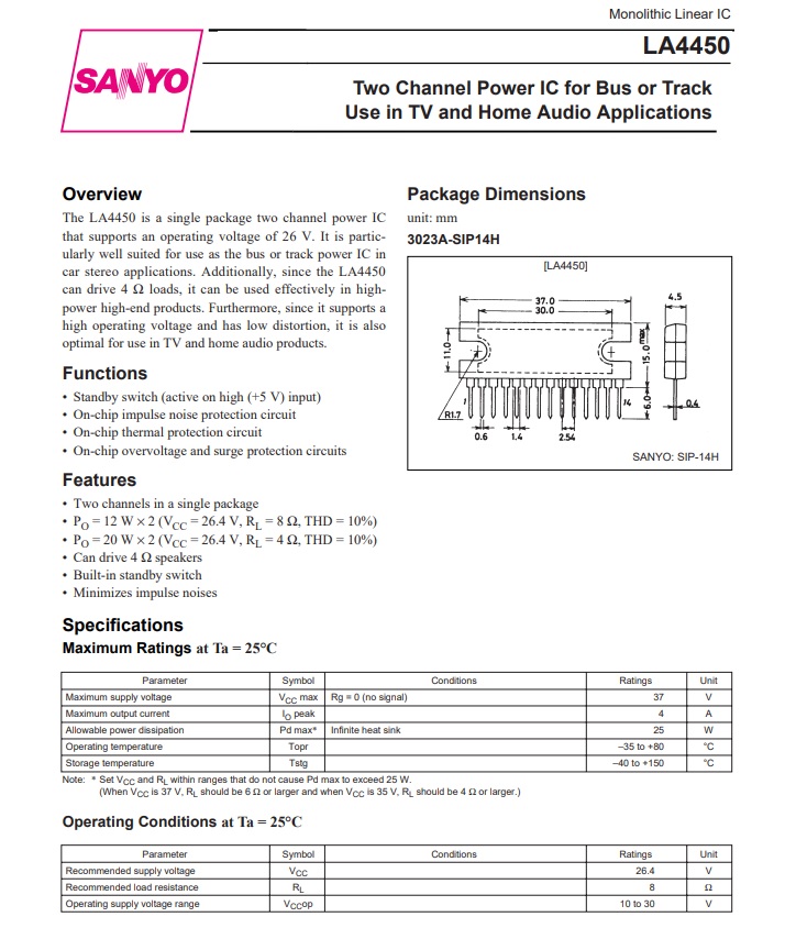LA4450 ZIP14 Audio Power Amplifier วงจรรวม IC ชิป