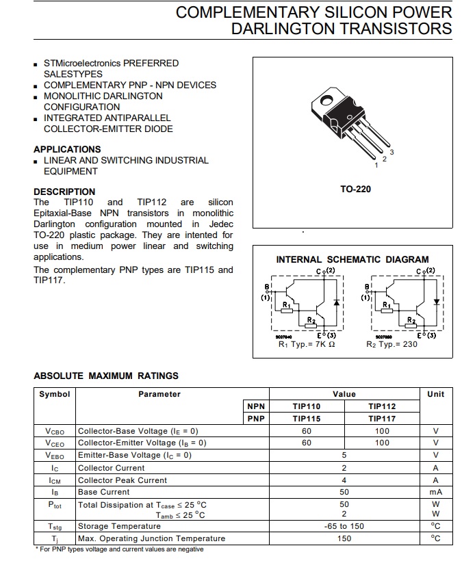 TIP110 100V TO-220 สำหรับเครื่องขยายเสียงมืออาชีพ