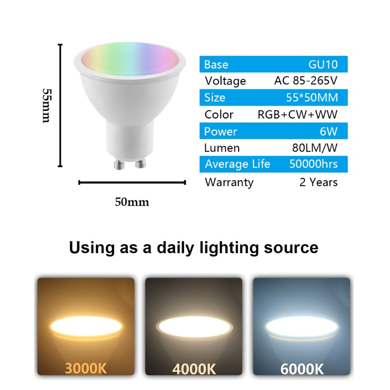 Tuya(ทูย่า) Tuya GU10 220V หลอดไฟอัจฉริยะ LED RGB C+W 5W หรี่แสงได้ ควบคุมผ่านแอปพลิเคชัน