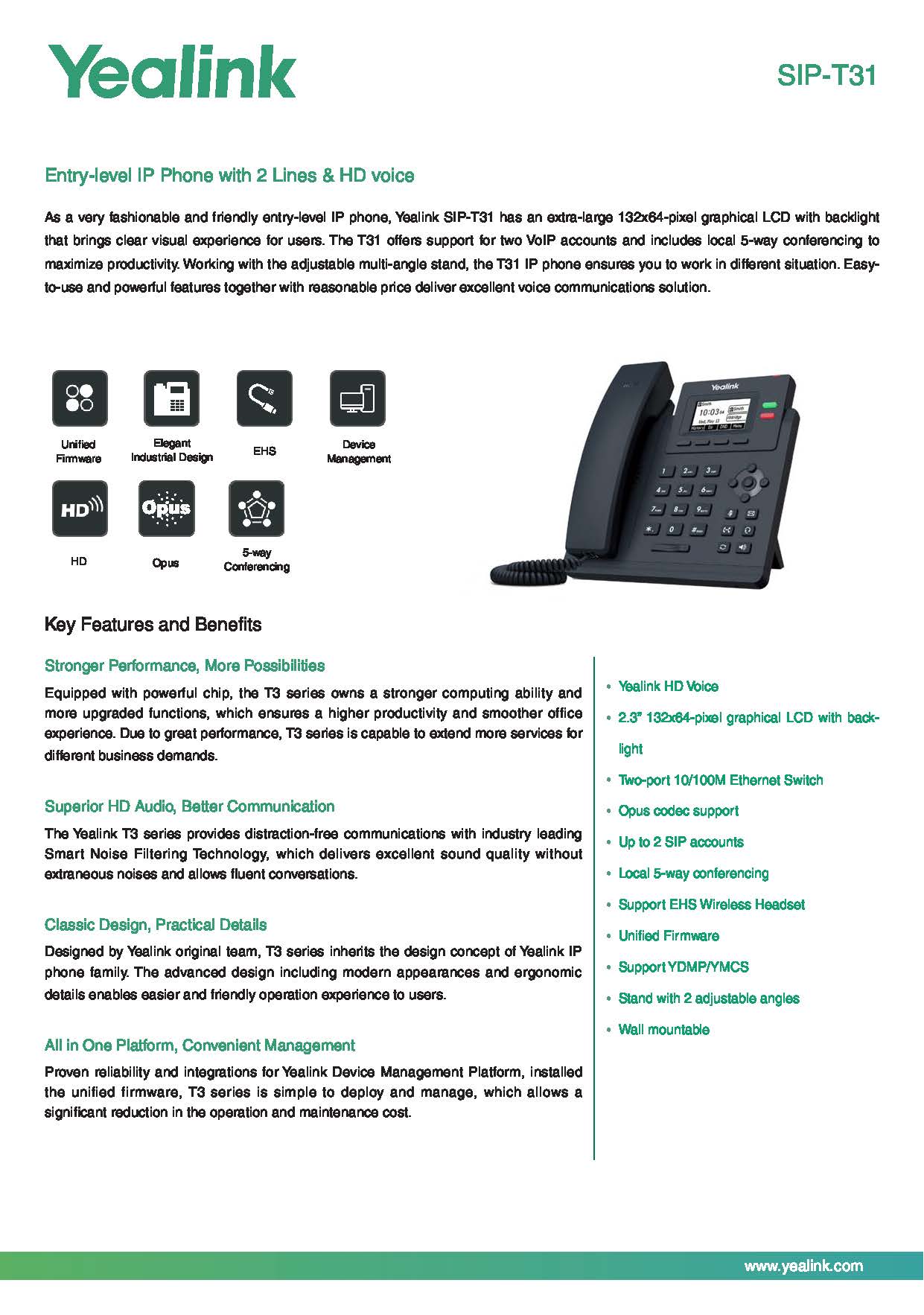 เครื่องโทรศัพท์ IP YEALINK รุ่น SIP-T31 เครื่องละ 1,900฿