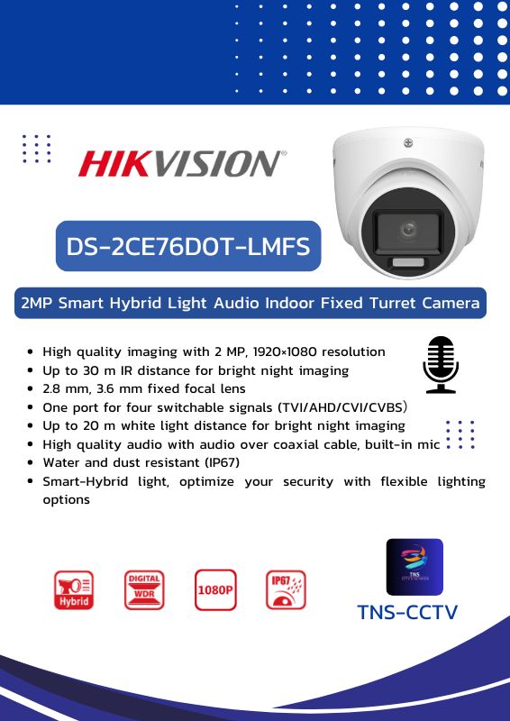 กล้องวงจรปิด HIKVISION DS-2CE76D0T-LMFS ( 2.8 / 3.6 mm ) HD 2MP 4 ระบบ กล้อง colorvu + infared + มีไมค์ในตัว