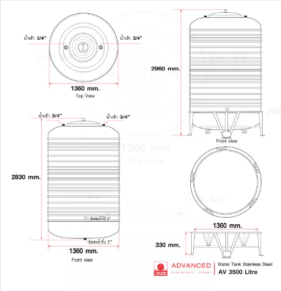 แท็งค์น้ำสเตนเลส ตราแอ็ดวานซ์ พื้นนูน มี มอก. 3500 ลิตร รหัส AV3500