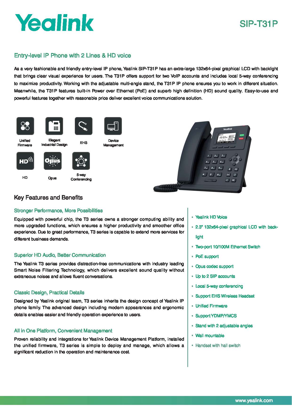 เครื่องโทรศัพท์ IP YEALINK รุ่น SIP-T31P รองรับ POE เครื่องละ 2,200฿