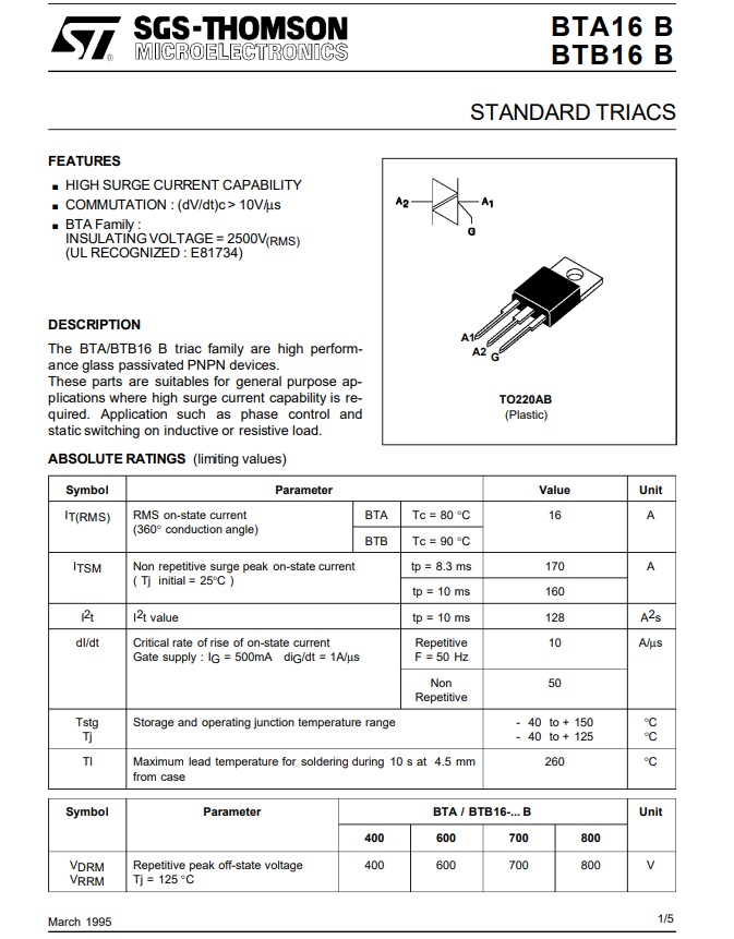 BTA16 BTA16-600B 16A Triacs