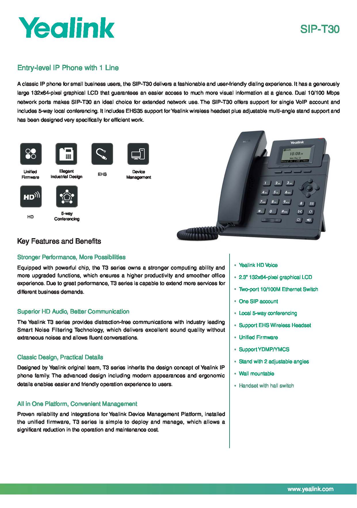 เครื่องโทรศัพท์ IP YEALINK รุ่น SIP-T30 เครื่องละ 1,700฿