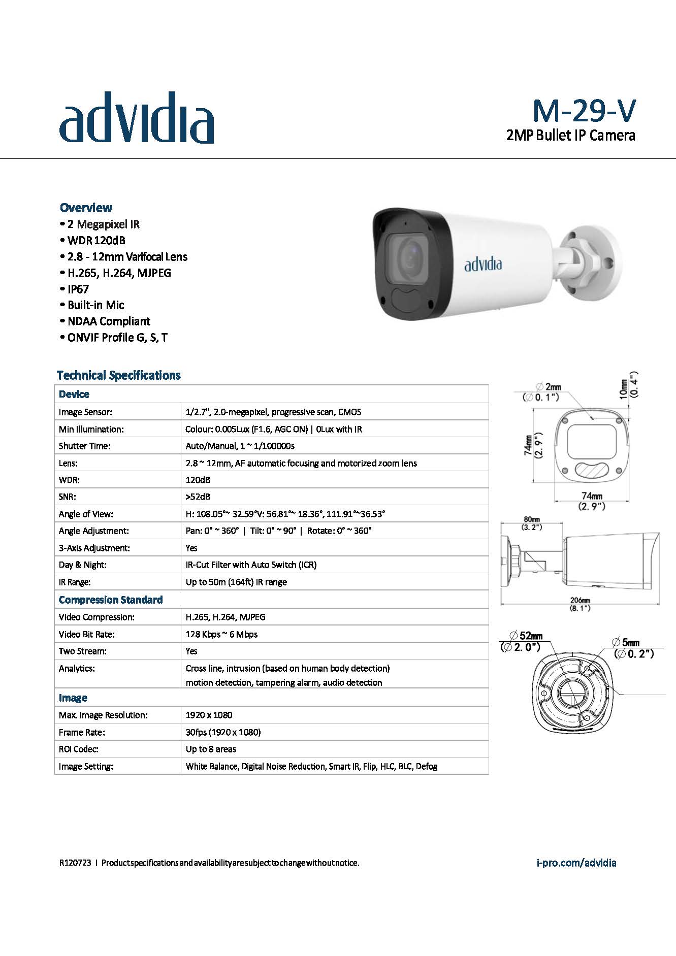 Pre-Order กล้องวงจรปิด Advidia (Panasonic) รุ่น M-29-V ราคา 5,100฿ 2MP Bullet, IP67, IK10, 2.8-12mm, motorized zoom lens ,IR 50m.