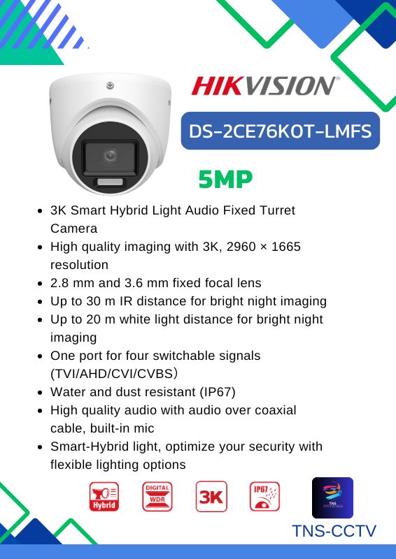 กล้องวงจรปิด Hikvision DS-2CE76K0T-LMFS ( 2.8 / 3.6 mm ) HD 5MP MIC ,IR 30 M., Color Night 20 M.