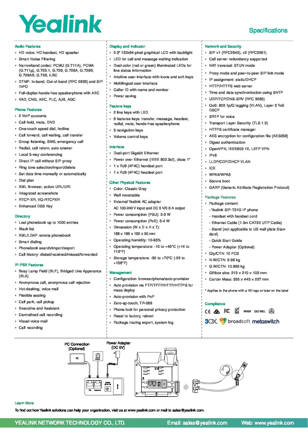 เครื่องโทรศัพท์ IP YEALINK รุ่น SIP-T31G Gigabit POE IP Phone ราคา 2,500฿