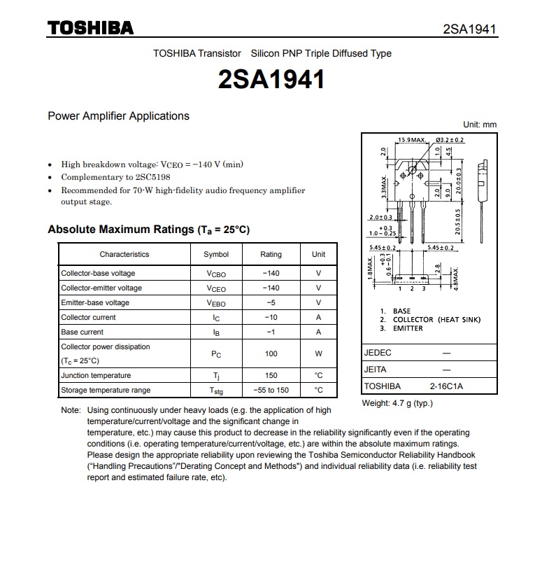 A1941 ทรานซิสเตอร์ เครื่องเสียง TOSHIBA Thansitor โตชิบา แท้