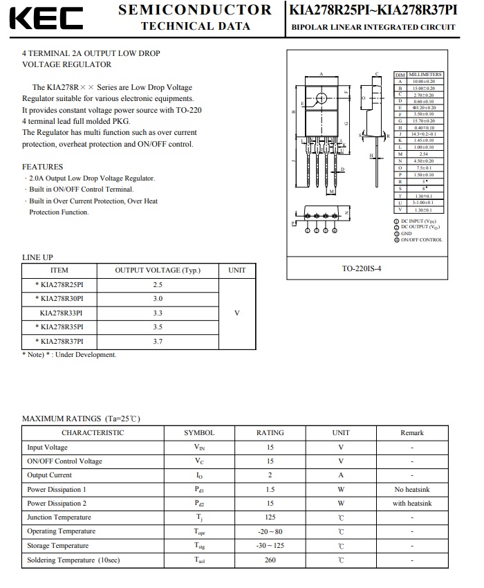 Low Drop Voltage Regulator 3.3V/2A ไอซีเรกูเลเตอร์ KIA278R33P 3.3Vdc 2A (IC Regulator 3.3V 2A)