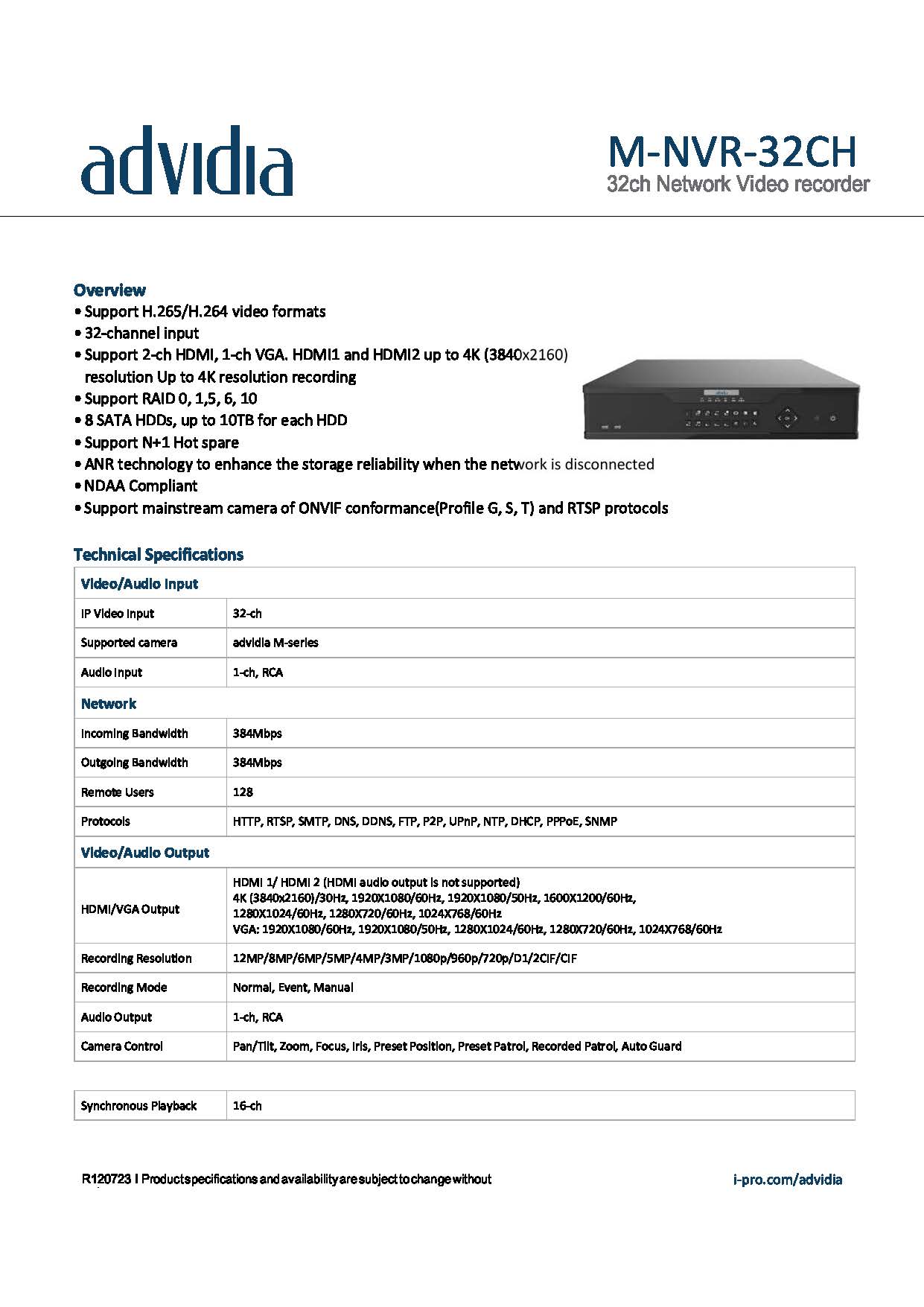 เครื่องบันทึก Advidia (Panasonic) รุ่น M-NVR-32CH ราคา 43,250฿(รวมvat7%)