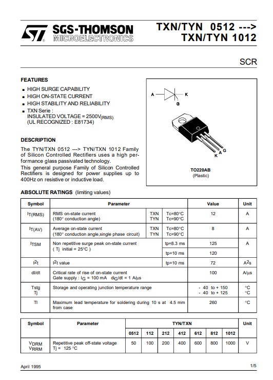 TYN TYN412 Thyristor SCR เอสซีอาร์ TO-220