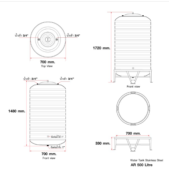แท็งค์น้ำสเตนเลส ตราแอ็ดวานซ์ พื้นนูน 0.5 มม. 500 ลิตร รหัส AR500