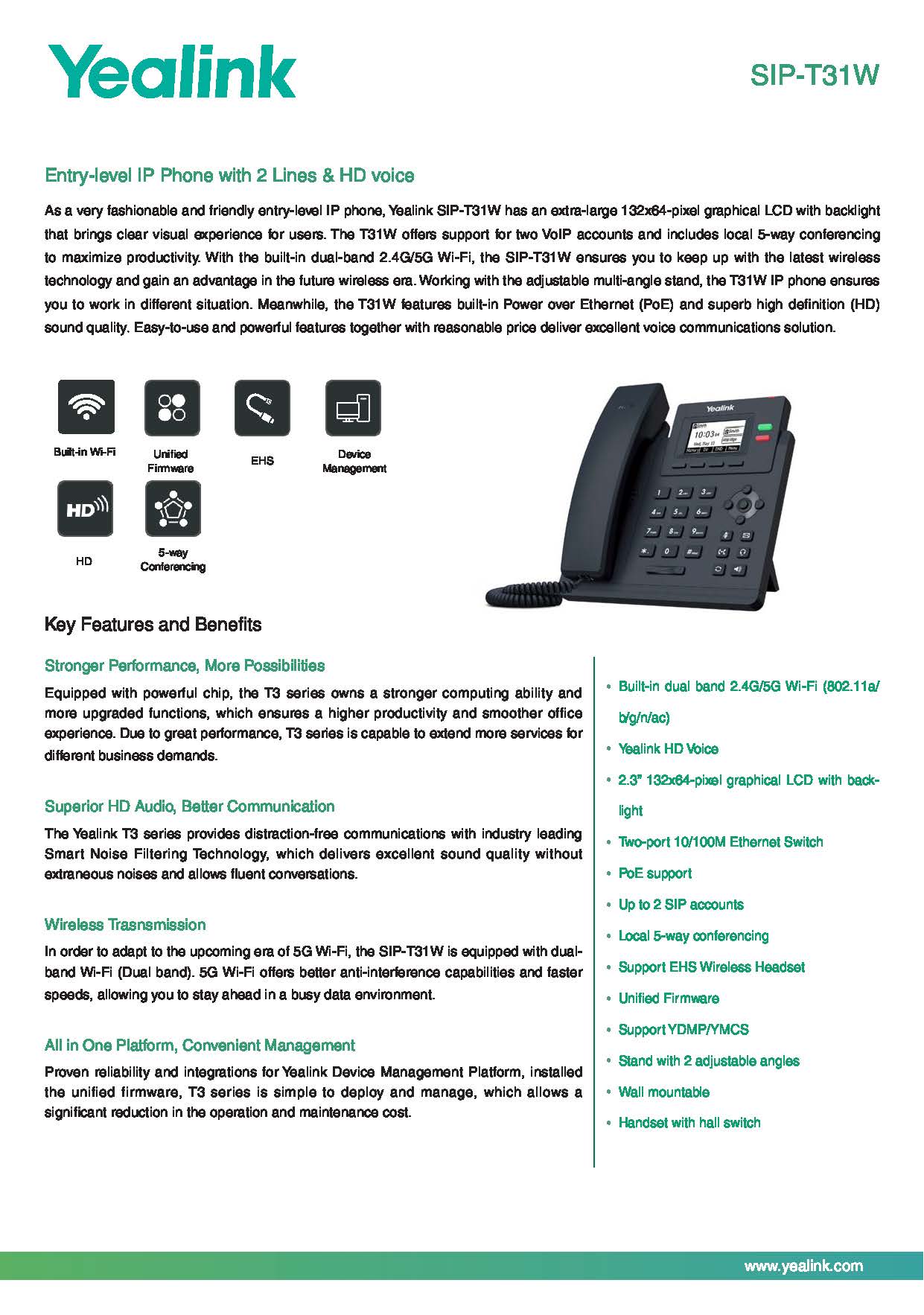 เครื่องโทรศัพท์ IP YEALINK รุ่น SIP-T31W Wi-fi Phone ราคา 2,800฿