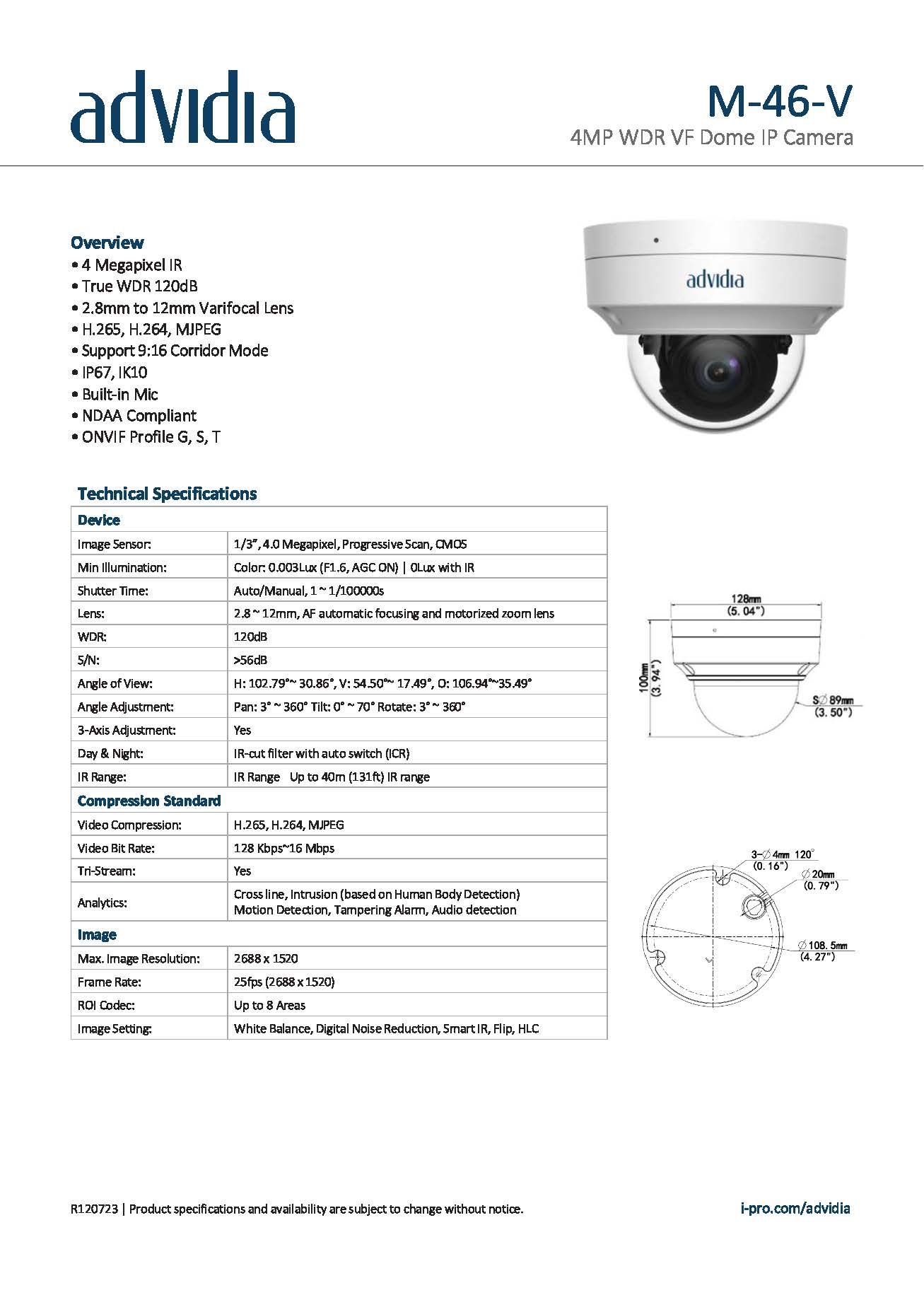 Pre-Order กล้องวงจรปิด Advidia (Panasonic) รุ่น M-46-V ราคา7,490฿(รวม vat7%) 4MP IP DOME