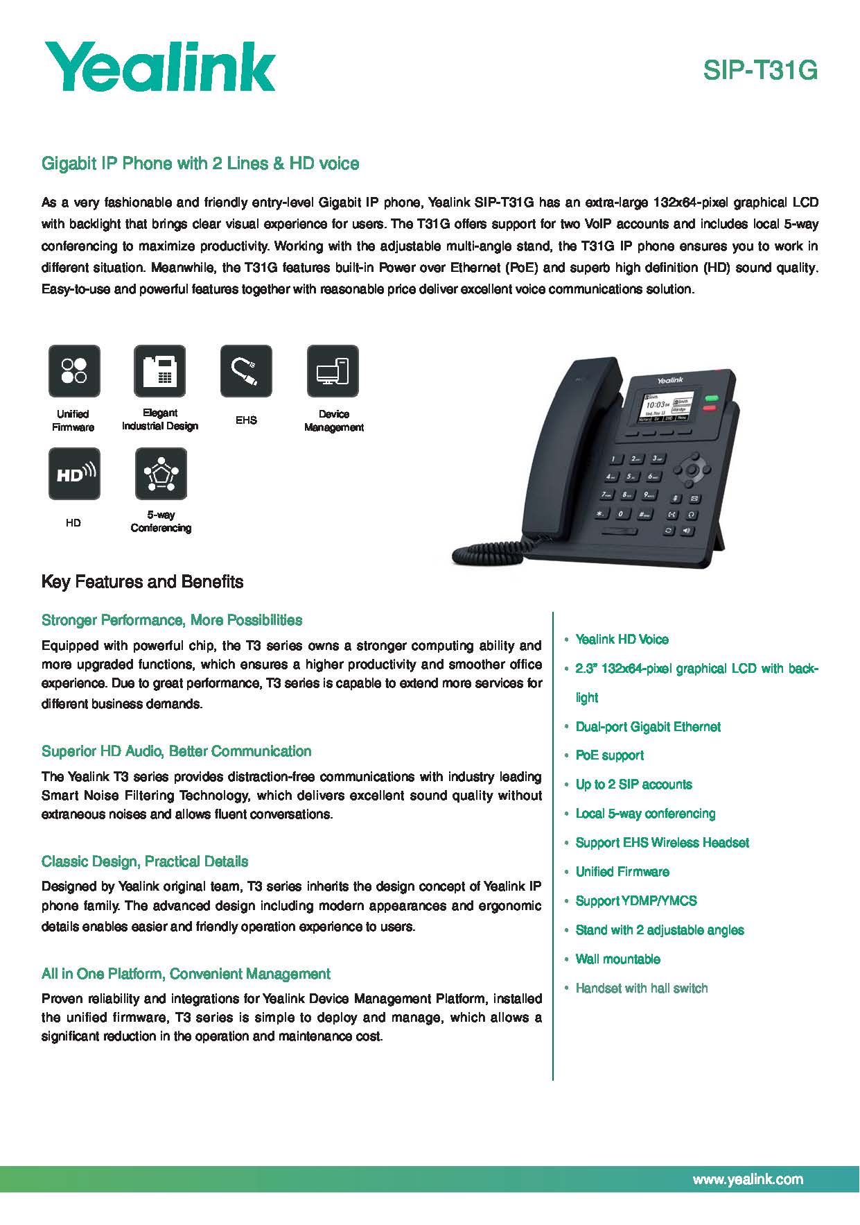 เครื่องโทรศัพท์ IP YEALINK รุ่น SIP-T31G Gigabit POE IP Phone ราคา 2,500฿